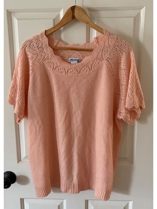 Blair Tops - Vintage Blair Sweater Pink Peach Short Sleeve Scalloped Neck 2XL